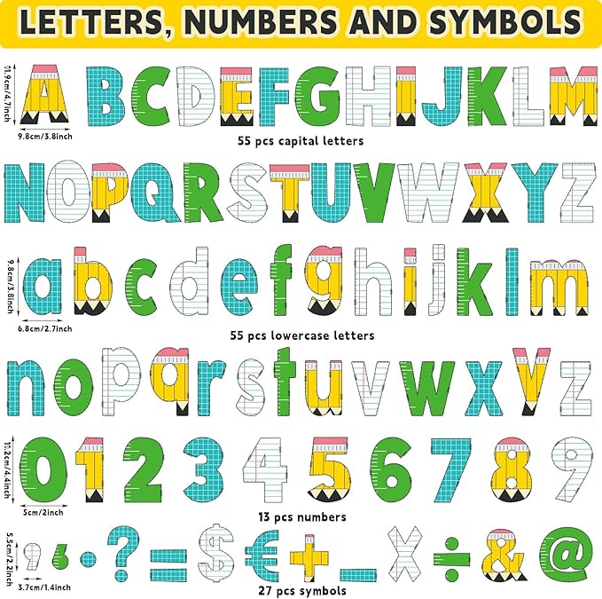 150Pcs Bulletin Board Letters Back to School Classroom Decor Pencil Lined Ruler Checked Alphabet Combo Set Alphabets Numbers Symbols Paper Cutouts for School Classroom Blackboard Decoration Supplies