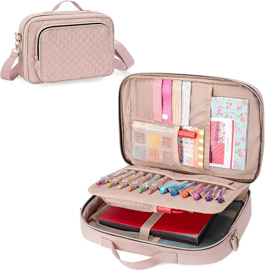 Teamoy Journal Supplies Storage Case, Journal Supplies Holder with Detachable Pen Slots, Travel Organizer Holder for B5 Notebooks, Planner, Pens, Journal Supplies and Accessories, Pink Quilted