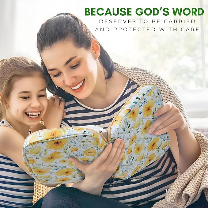 Quilted Bible Case for 6.5 X 9.5 inch Books, Bible Carrying Case for Women, Yellow Bible Cover