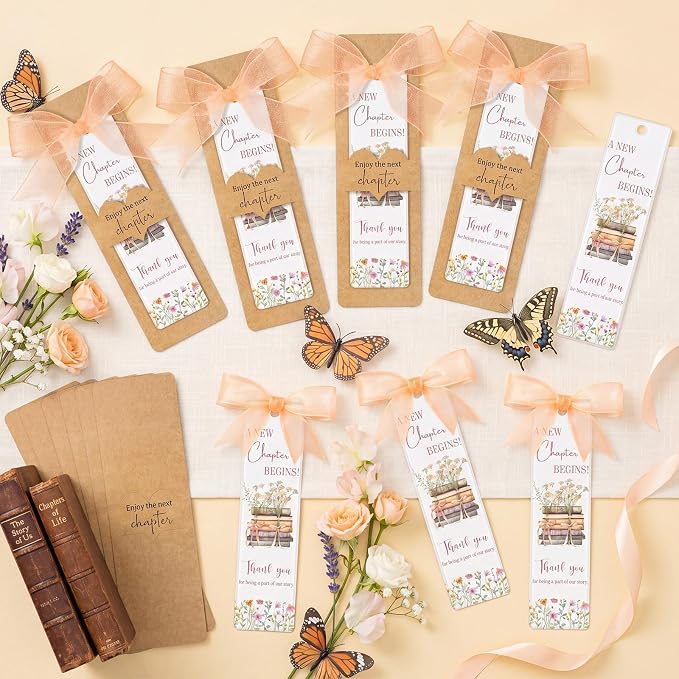 Resurhang 20 Sets A New Chapter Begins Acrylic Bookmark with Kraft Bookmark Sleeves and Ribbon DIY Bookmarks Cards Set Next Chapter Party Decor for Baby Shower Bridal Shower Wedding Book Party Favors