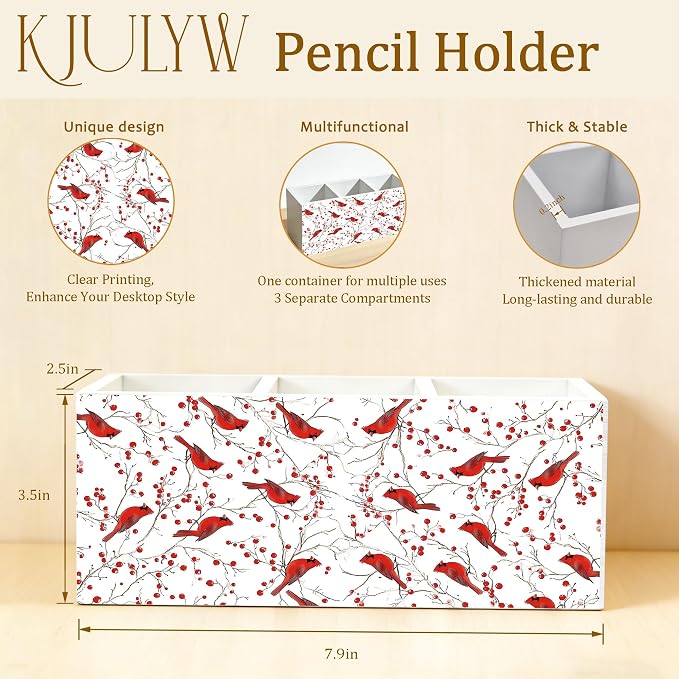 Red Cardinal Pen Holder for Desk, Cardinal Lover Gifts, Red Berry Botanical Bird Wooden Box Pencil Pen Holder Organizer for Home Office Desk Accessories