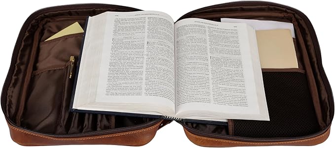 Leather Bible Cover for Men & Women – Zippered Bible Case with Handle, Note & Pen Organizer – Fits Large Study Bible – 11.5x8.5 Inch (Orange)