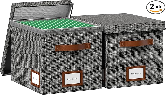 File Organizer Box with Lid File Box for Hanging Decorative File Organizer with One-Piece Integrated Plastic Slide Rail(Grey, 13.2x10.1x10.1inch(2pack))
