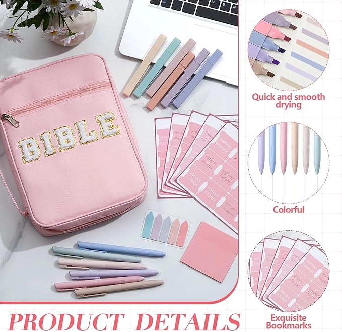Sinload 24 Pcs Bible Cover Case for Women, Bible Study Supplies, Large Chenille Letter Pink Carrying Tote Bag with Handle Easter Christian Gifts Party Favor