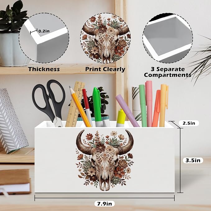 Boho Floral Western Bull Skull Pen Holder, Boho Western Office Pen Pencil Holder Organizer for Desk Accessories, Whimsical Bull Skull Wooden Box Desk Decor for Home Office Desk Decorations