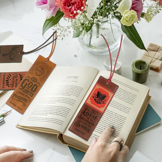8PCS Leather Bookmark Bible Bookmarks for Reading Women Men Teacher Book Lovers Gifts, Stitched Religious Christian Bookmark Page Markers Inspirational Bible Verse Scripture Book Marks (Vintage)