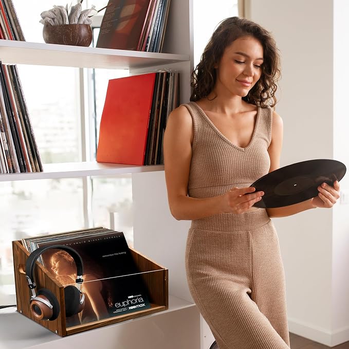 GRETJOB Vinyl Record Storage Crate - Wooden & Acrylic Record Storage Holds 70+ Records, Books, Files - Desktop & Home Office Storage with Handle (Brown)