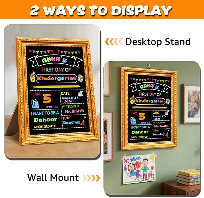 First Day of School Sign,11.69”x8.27” Back to School Supplies Board for Kindergarten, Preschool Supplies Decorations Reusable Photo Prop for Kids with Liquid Chalk Markers(A Frame)