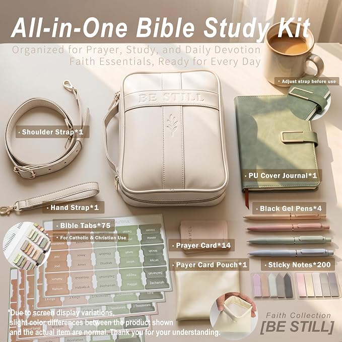 Bible Cover Case for Women, Vegan Leather Bible Carrying Case with Strap and Zipper, Bible Study Kit with Journal, Pens, Tabs and Sticky Notes, Large Bible Bag for Church, Ideal Gift (Beige)