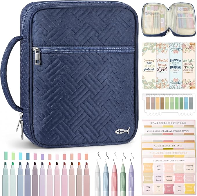 XKDOUS Bible Cover Case for Women, Large Bible Cover with Durable Handle, Washable Quilted Bible Case, Bible Study Supplies & Christian Gifts for Mom, Women, Men (Dark Blue)