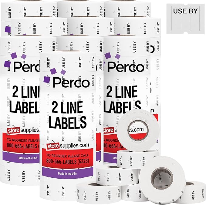 Perco 2 Line USE BY Labels - 80 Rolls, 10 Sleeves, 60,000 Blank Date Gun Labels for Perco 2 Line Date Guns - Made in USA