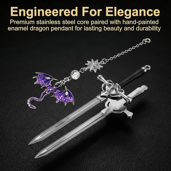 Vintage Metal Dragon Sword Bookmark, Fourth Wing Inspired Fantasy Book Markers, Cool Unique Bookmarks for Adults & Book Lovers, Personalized Dragon Gifts for Men (Purple)