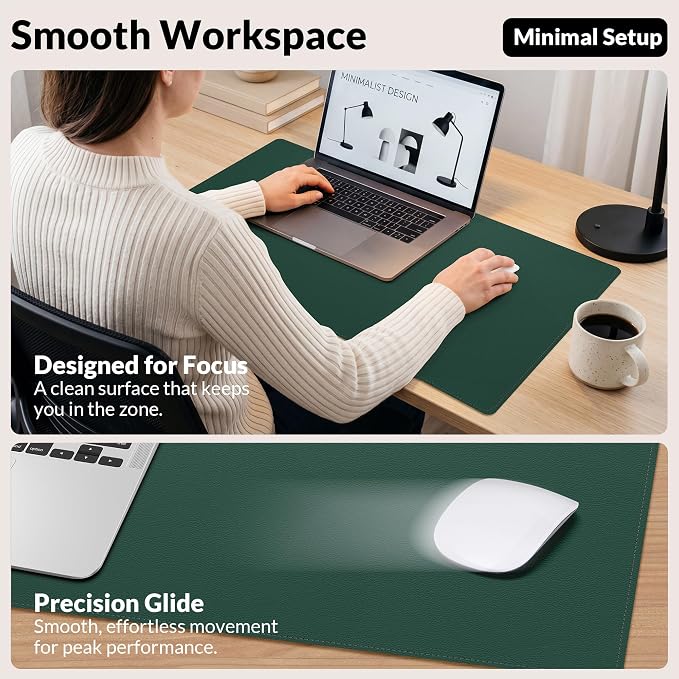 AFIING Cork Desk Mat, Dark Green, 23.6" x 13.7", Desk Pad Protector | Dual-Sided Cork & PU Leather, Non-Slip & Waterproof, Ideal for Laptop, Mouse & Small Desks
