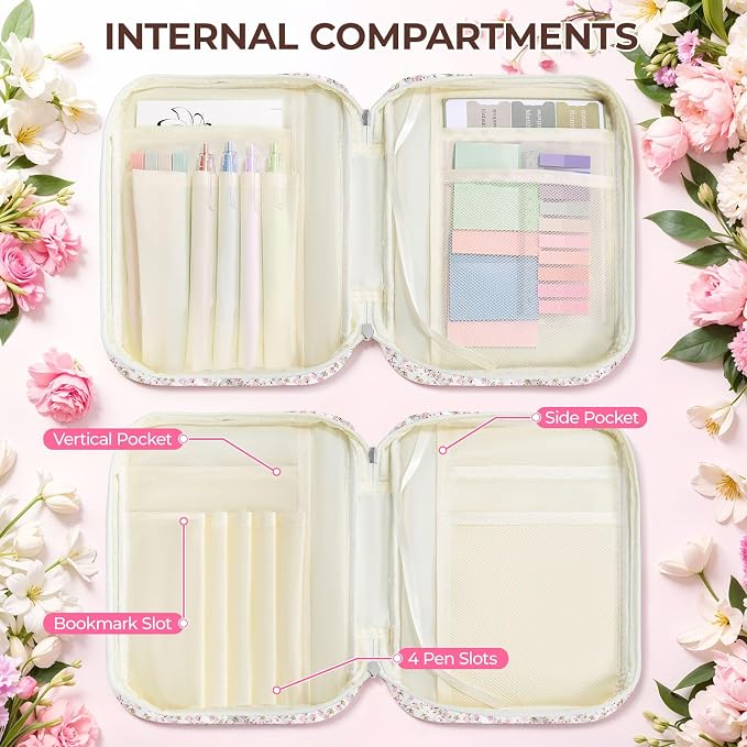 Quilted Bible Cover Case for Women with Bible Study Supplies Journaling Kit Floral Bible Bag Carrying Case with Pastel Highlighters Tabs, Women Christmas Christian Gifts (Pink Floral, L)