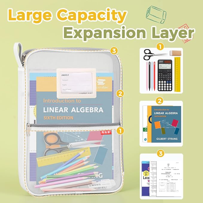 Pendancy Mesh Zipper Pouch 14.8x10.8 in Transparent Lightweight Nylon File Folders, A4 Size Multi-layer Subject Document Organizer Accessories Storage bag for Office and School Supplies(White)
