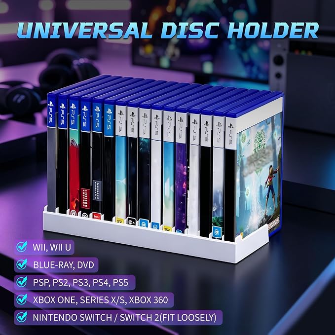 6 Pack Video Game Storage Holder for PS5/PS4/PS3/PS2/Xbox One/Xbox 360/Xbox Series X/S/Wii/Switch/Switch 2 Game Cases, 16-Disc Capacity DVD & Blu-Ray Organizer Stand for Desk (White)