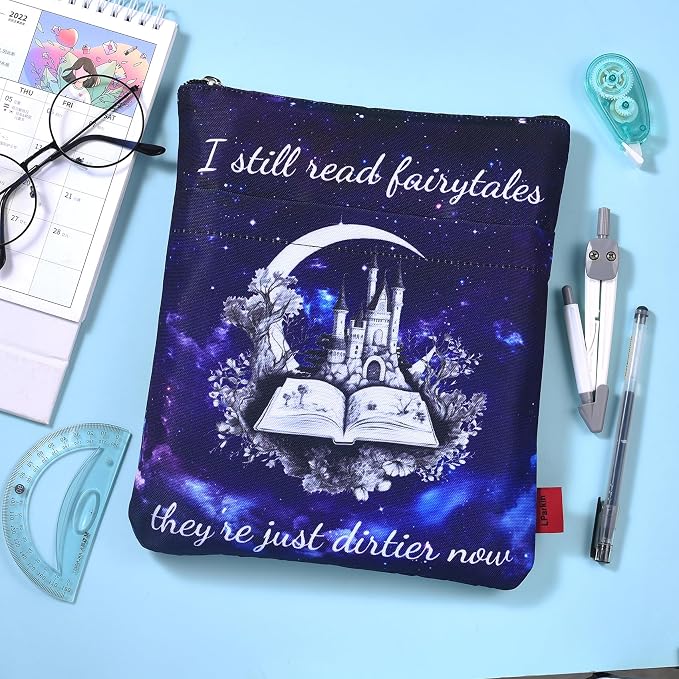 LParkin Book Sleeve Cover with Zipper, I Still Read Fairytales They're Just Dirtier Now Book Protector Pouch, Washable Fabric Book Pouch, 11 x 8.5 Inch Padded Book Sleeve Smut Reader Gift