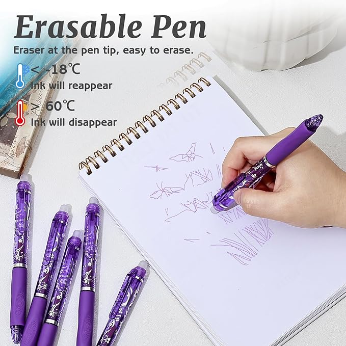 6 Pcs Retractable Erasable Pens, Colored Gel Purple Ink Pens Clicker with Erasers, 0.5mm Fine Point Smooth Writing Pen for Journaling Note-Taking Crossword Puzzles Supplies (Purple)
