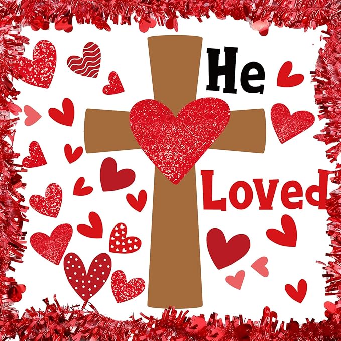 Fuutreo 44 Pcs Valentine's Day Christian Bulletin Board Decor We Love Because He First Loved Us Christian Jesus Bulletin Board Religious Heart Cutouts with Tinsel Twist Garland for Valentine Decor