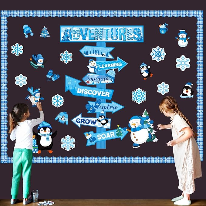 Winter Bulletin Board Set Winter Adventures Classroom Decorations Adventures in Learning Snowman Snowflake Penguin Paper Cutouts for January Holiday Party Supplies