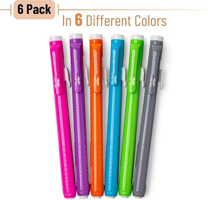 Mr. Pen- Retractable Mechanical Eraser Pens, 6 Pack, Vibrant Colors, Latex-Free Precision Pencil Erasers for Artists, Students, Drawing, Sketching & Drafting