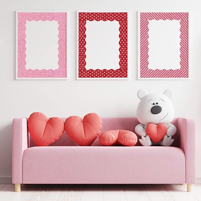 Whaline 69Ft Valentine's Day Glitter Bulletin Board Borders 5 Designs Shine Red Pink Heart Stripe Dot Decoration Trim Bulletin Board Stickers for Romantic School Classroom Office Party Decoration