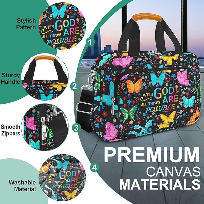 Bible Cover for Women,Bible Carrying Case,Large Bible Bag for Woman Organizer,Butterfly Bible Holder,With God All Things Are Possible,Bible Study Supplie Kit With Highlighters,Tabs,Pens,Christian Gift