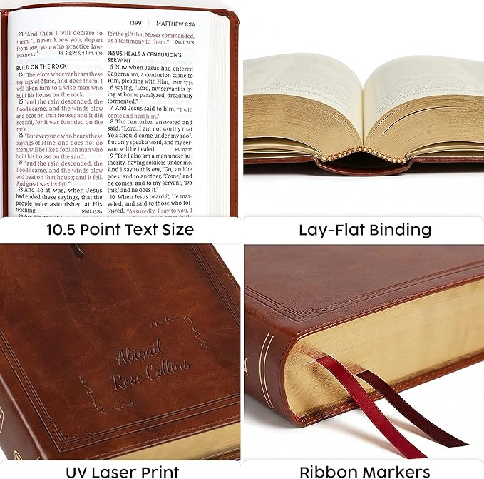 Personalized NKJV Reference Bible, Custom Name Text & Design, New King James Version, Large Print, Red Letter, Cross References, Faux Leather Brown, Baptism Confirmation Gift