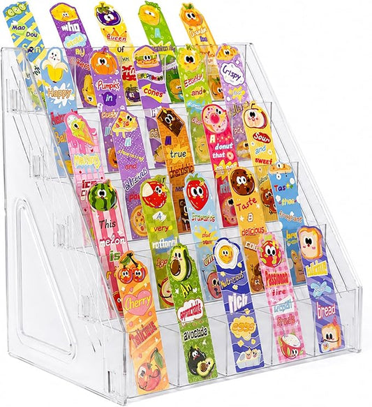 5 Tier Bookmark Display Stand with 25 Pockets, Clear Vendor Display Rack for Bookmarks, Stickers, Greeting Cards, Business Cards, Portable Countertop Organizer for Craft Fairs, Retail Stores, Vendors