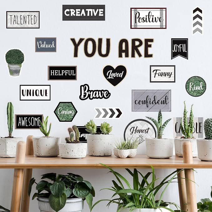 FYSUIMU 26Pcs Modern Farmhouse Inspirational Bulletin Board Decorations Motivational Sayings Paper Cutouts with 100Pcs Glue Points for Back to School Party Classroom Craft Wall