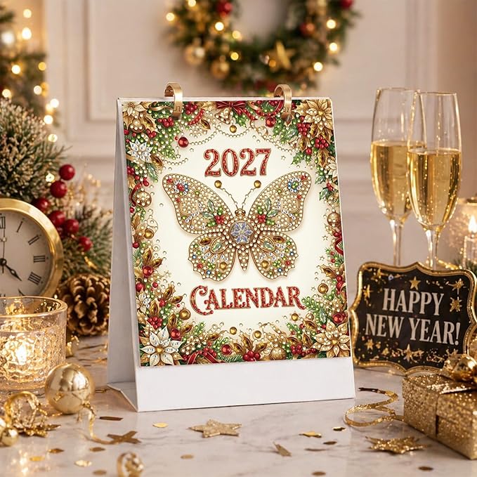 2027 Standing Desk Calendar DIY Diamond Art Painting Monthly Flip Dates Butterfly Double-Sided Pattern Tabletop Calendars DIY Craft Supplies Planner Office Home-Butterfly