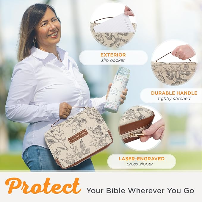 Christian Art Gifts Women's Premium Natural Canvas Vegan Leather Fashion Bible Cover: Amazing Grace - Inspirational Scripture, Sturdy Protective Book Carry Case Accessory, Creamy Brown Floral, Medium