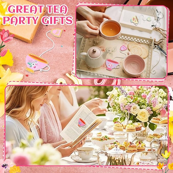 Resurhang 24 Pcs Tea Bag Bookmarks Tea Party Favors Cute Hand Embroidered Teapot Bookmarks Gift for Spring Holiday Teacher Women Book Reading Lovers Gift Book Marks (Retro)