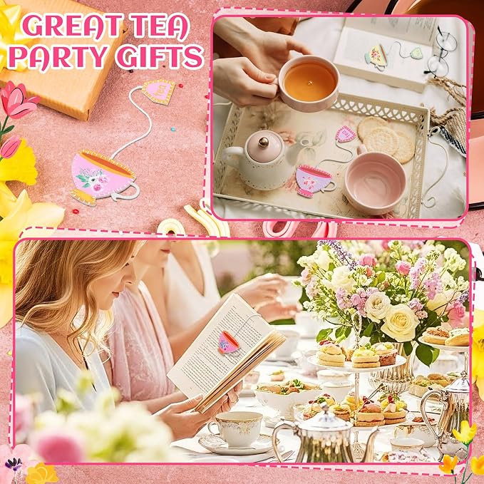 Resurhang 12 Pcs Tea Bag Bookmarks Tea Party Favors Cute Hand Embroidered Teapot Bookmarks Gift for Spring Holiday Teacher Women Book Reading Lovers Gift Book Marks (Retro)