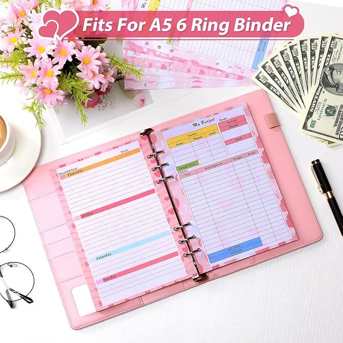 Toplive 3 Pack A5 Planner Refill 82 Sheet Colored Monthly Weekly Planner Refill Paper 6 Hole Budget Sheets Expense Tracker Inserts for A5 Binder Cover Bill Saving Organizer, Pink