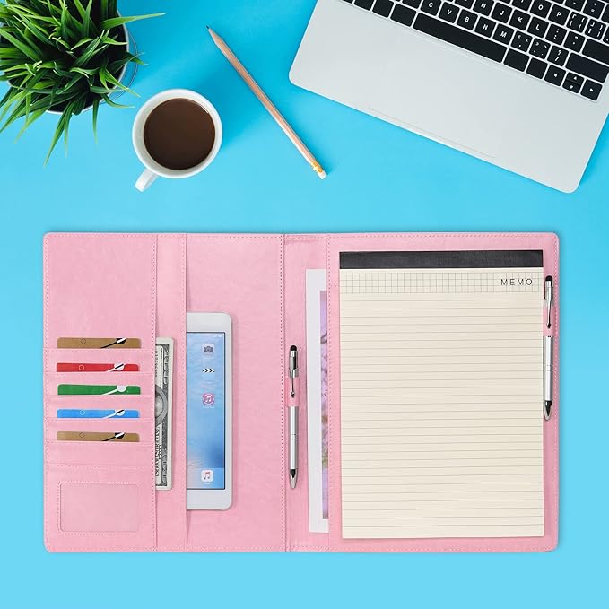Wonderpool A4 PU Leather Clipboard Partfolio Notepad Forms Holders Document Case - Interview Planner Meeting Writing Padfolio File for Office Travel School Hotel Hospital (A4,Pink)