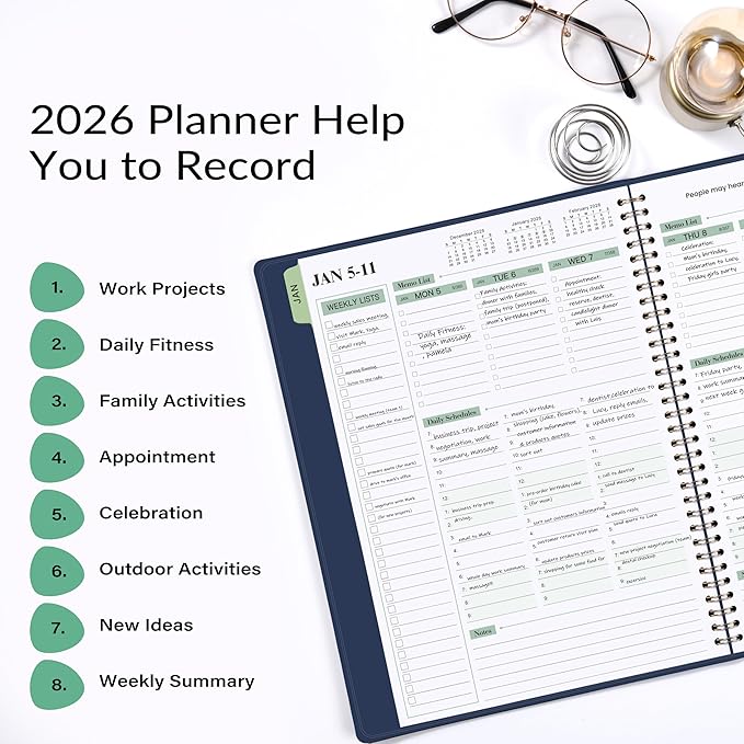 2026 Planner - Planner 2026 Weekly and Monthly, 11.38'' x 8.74'', 2026 Calendar Leather Planner, JAN 2026 - DEC 2026, Daily Hourly Appointment Book, To Do List, Monthly Tabs, Faux Soft Leather, Back Pockets - Blue