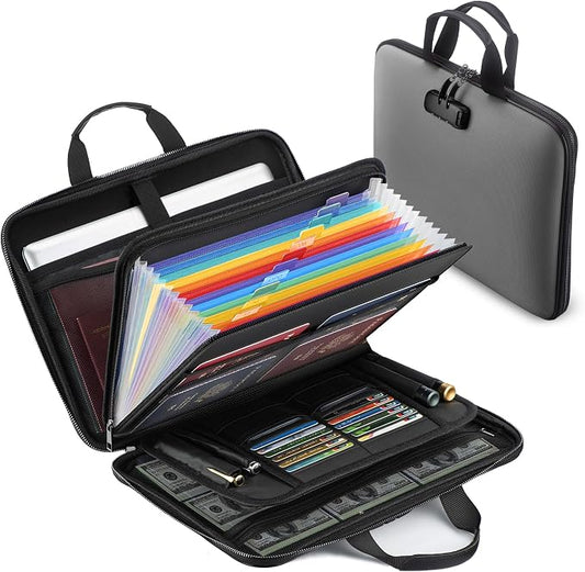 Fireproof Document Box with Combination Lock, Hard-Shell Fireproof File Organizer for Legal Documents, Laptop, Valuables & Important Papers, 13-Pocket Accordion File Folder