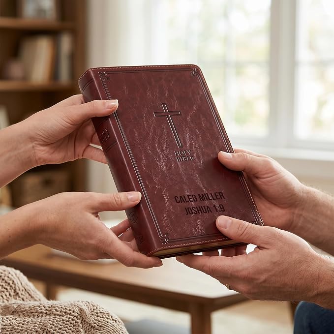 Printualist Personalized KJV Deluxe Holy Bible with Name Engraved, Red Letter King James Version, Faux Leather Auburn Cover, Custom Gift Bible for Christian Celebrations