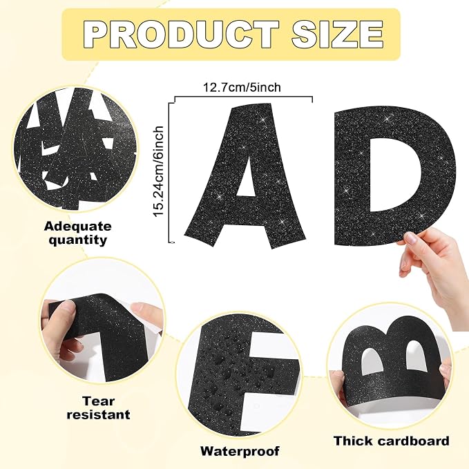 150 PCS Large 6" Bulletin Board Letters Set, Glitter Black Classroom Alphabet Cutout Letter for Bulletin Board Display Home School, A Great Helper to Inspire Students' Learning Interest