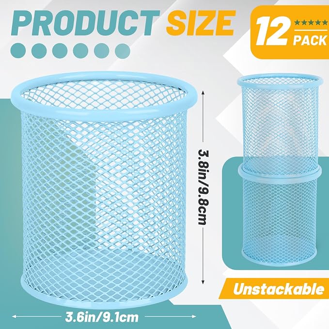 Segarty Pen Holer, 12 Pack Round Light Blue Pencils Holder for Desk, Metal Mesh Pen Cup Container Marker Organizer Set for Office, School, Home, Desktop Storage and Organization