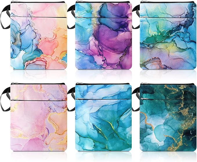 6 Pcs Book Sleeve with Zipper Book Covers for Paperbacks and Laptop Sleeve, Hardcover Marble Printed Pouch Bags for Graduation Women Girl Readers Librarian Accessories Club Gifts, 11 x 8.7 Inch