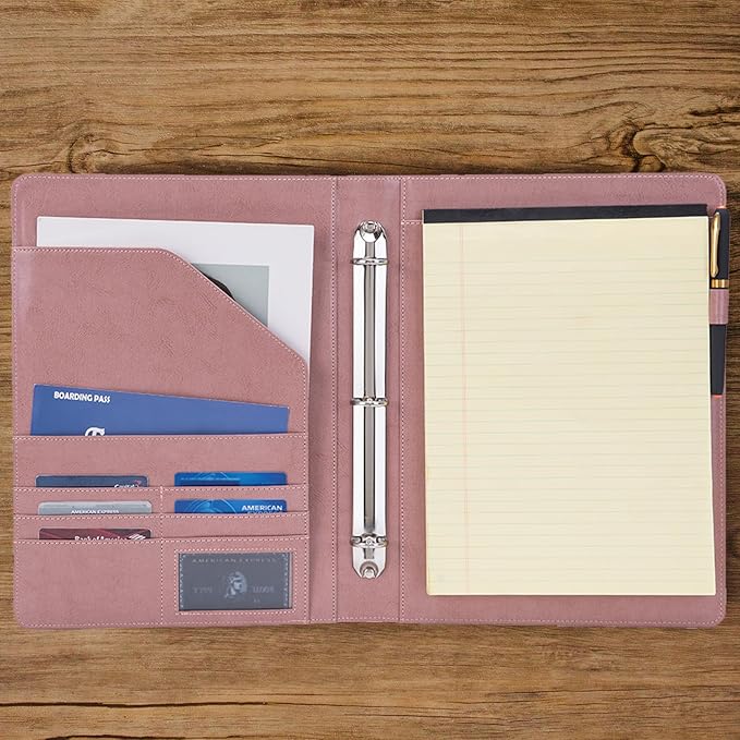 Vegan Leather 3 Ring Binder, 8.5 x 11 Letter Size Folio with Pen Holder, Soft Notebook Portfolio Cover, Slim Notepad Padfolio Thin File Organizer for Work Executive Meeting, Pink