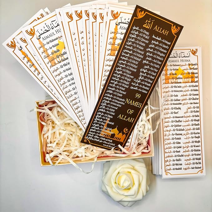 50 pcs 99 Names of Allah Bookmark Arabic English Islamic Bookmarks Reflecting on The Names of Allah Ramadan Eid Gifts Bulk Quran Muslim Islamic Arabic Gifts for Women Men Quran Learning