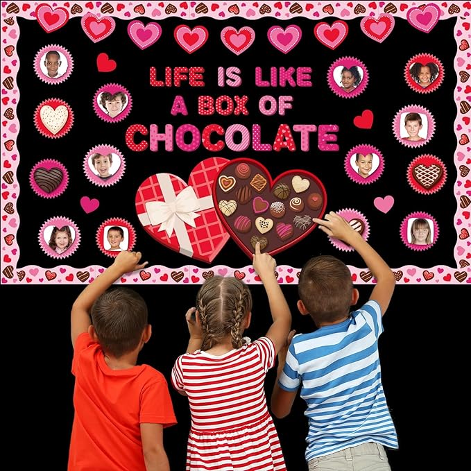 gisgfim Valentine’s Day Bulletin Board Set Decorations Valentines Classroom Decor Chocolate Heart Photo Craft Cutouts for School Home Chalkboard Wall Door Party Supply(Life Is like a Box of Chocalate)