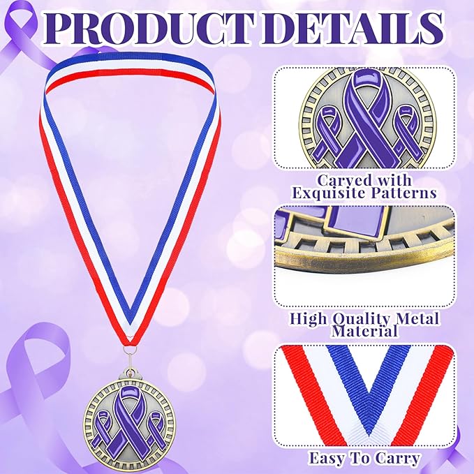 30 Pcs Ribbon Awareness Medals Breast Cancer Awareness Ribbon Gifts 2" Domestic Violence Trophy Medal with Neck Ribbons for Women Girl Charity Recognition, Survivor Movement(Purple)