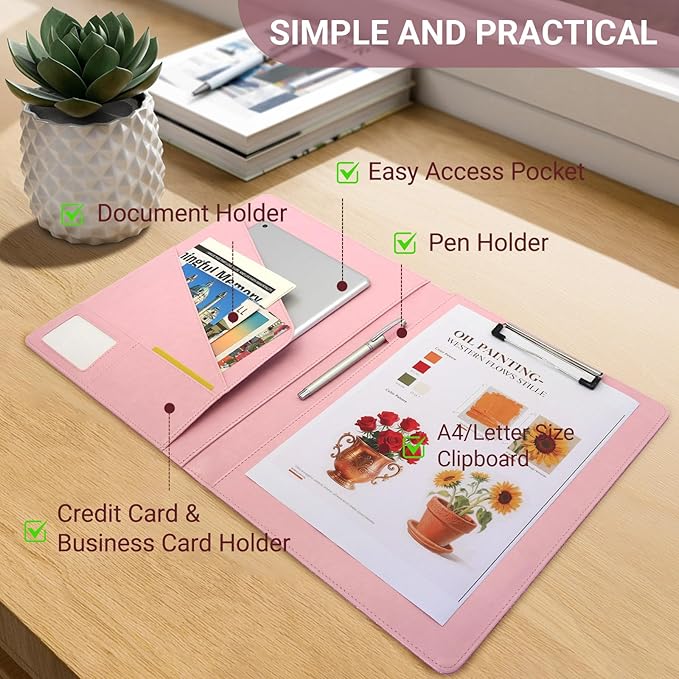Professional Portfolio Binder, Faux Leather Padfolio for Resume, Note-Taking & Meetings, A4 Letter Writing Pad Holder for Women & Men, Pink