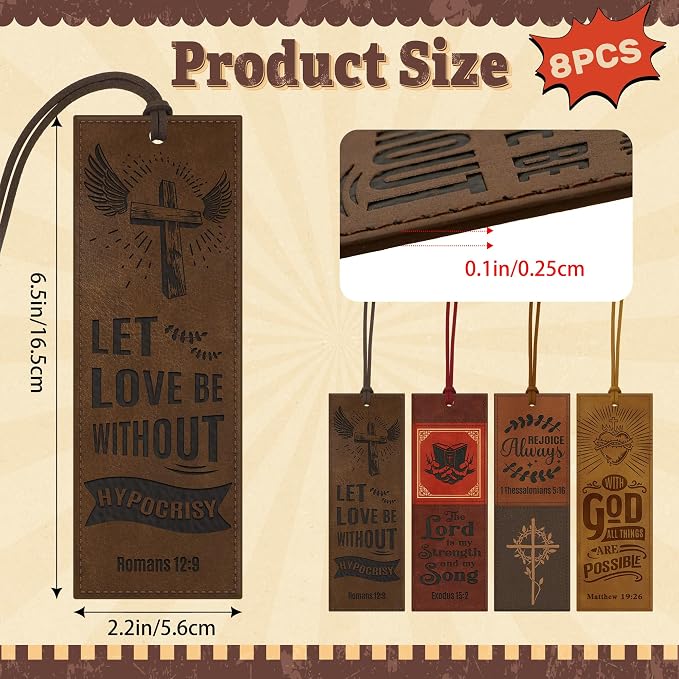 8PCS Leather Bookmark Bible Bookmarks for Reading Women Men Teacher Book Lovers Gifts, Stitched Religious Christian Bookmark Page Markers Inspirational Bible Verse Scripture Book Marks (Vintage)