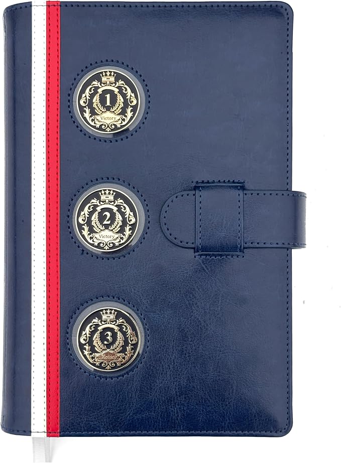 GALILEO® 3-Coin Pocket Double AA Book Cover | Showcase Your Journey | 12 Steps & 12 Traditions | PU Leather Coin Holder | AA Gift | Alcoholics Anonymous (Navy Blue/Stripe/ 3 Medallion Pockets)