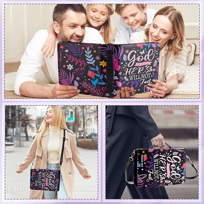 19PCS Floral Purple Leather Bible Cover for Women Bible Cover Cases for Teen Girls Christmas Gift Christian Bag Our God is Within Her Journaling Kit with Shoulder Strap Highlighter Pens & Book Marker